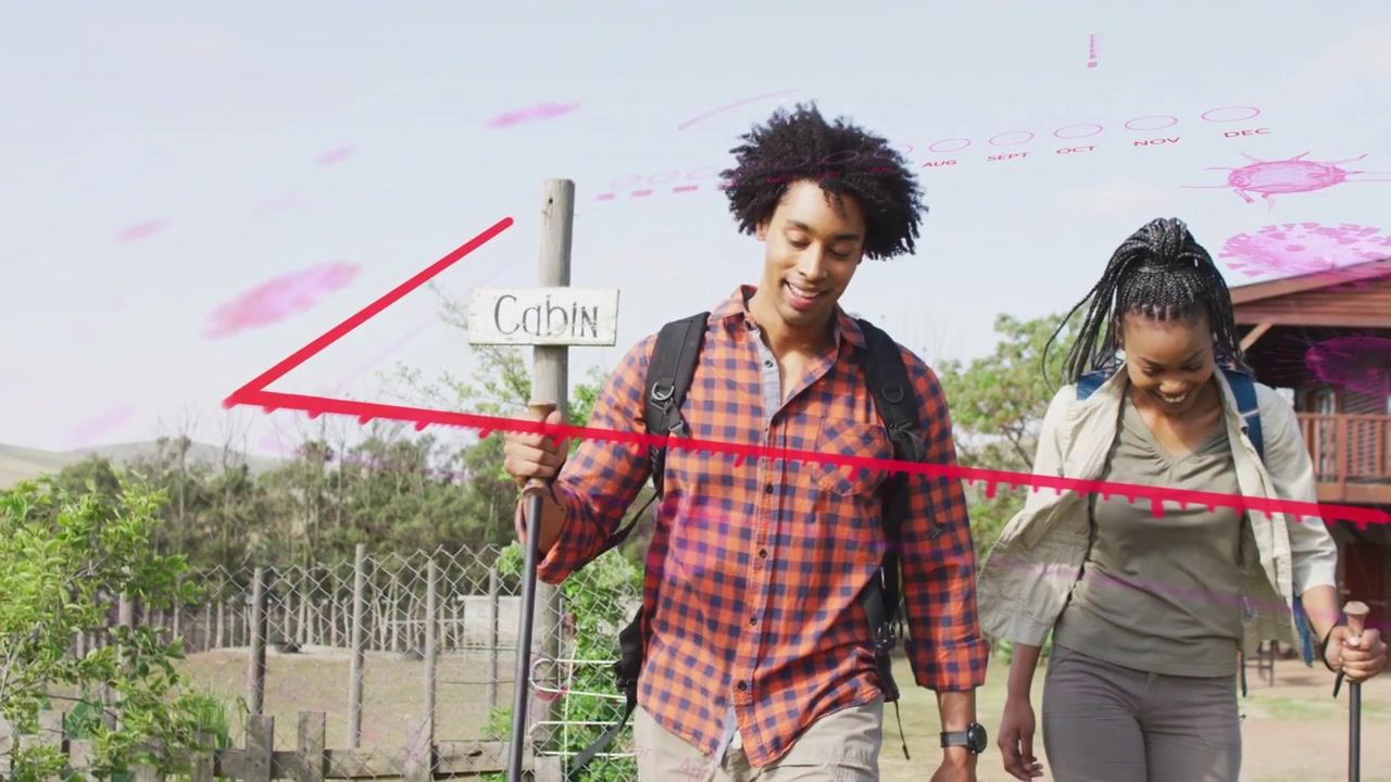 Couple starting walking past cabin on path, magenta overlay growing across center for travel