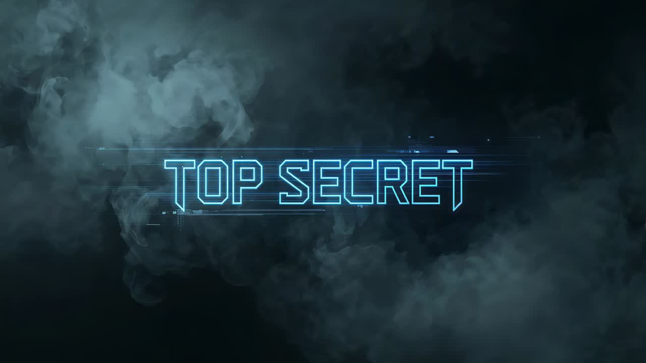 Showing neon TOP SECRET text forming title on smoky set, line sweeping in, HUD lines pulsing