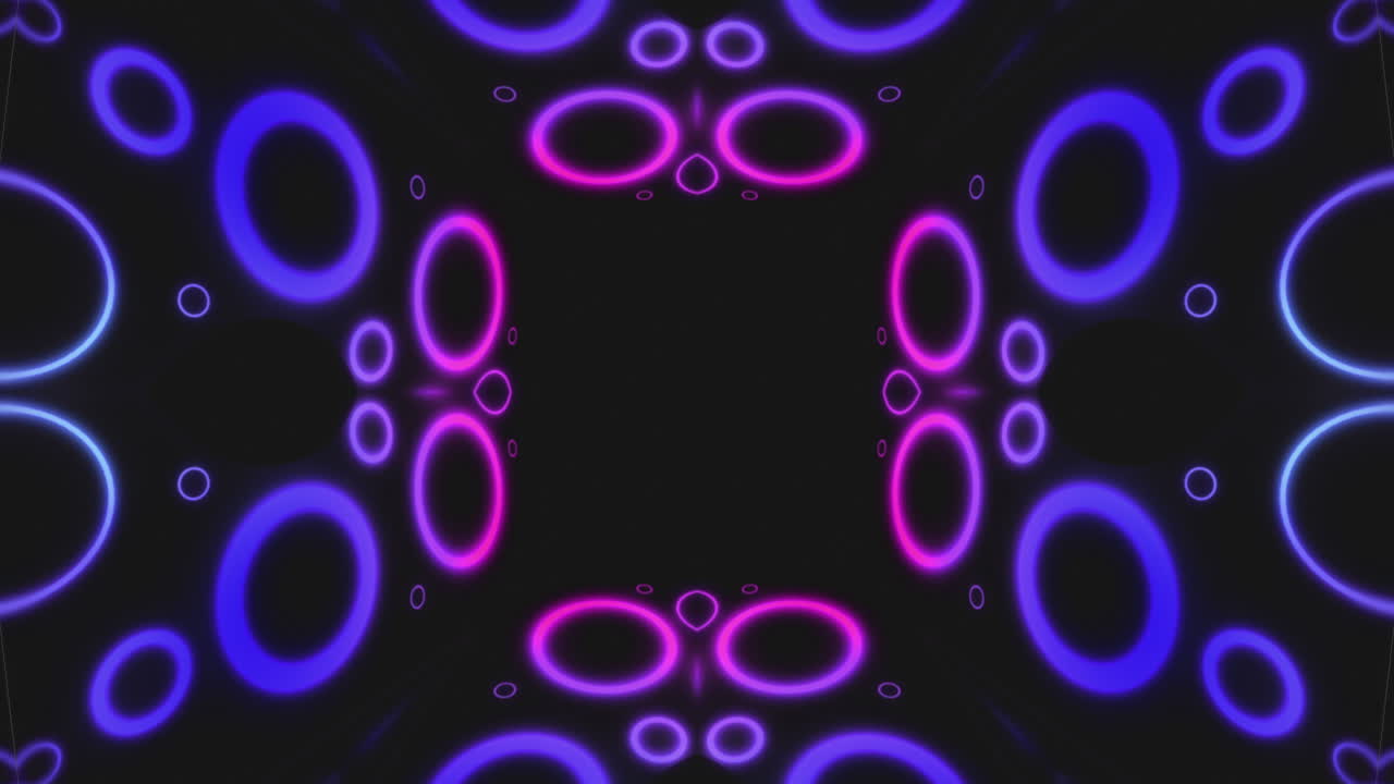 animación de círculos de luz de neón rosado y púrpura parpadeando sobre un fondo negro