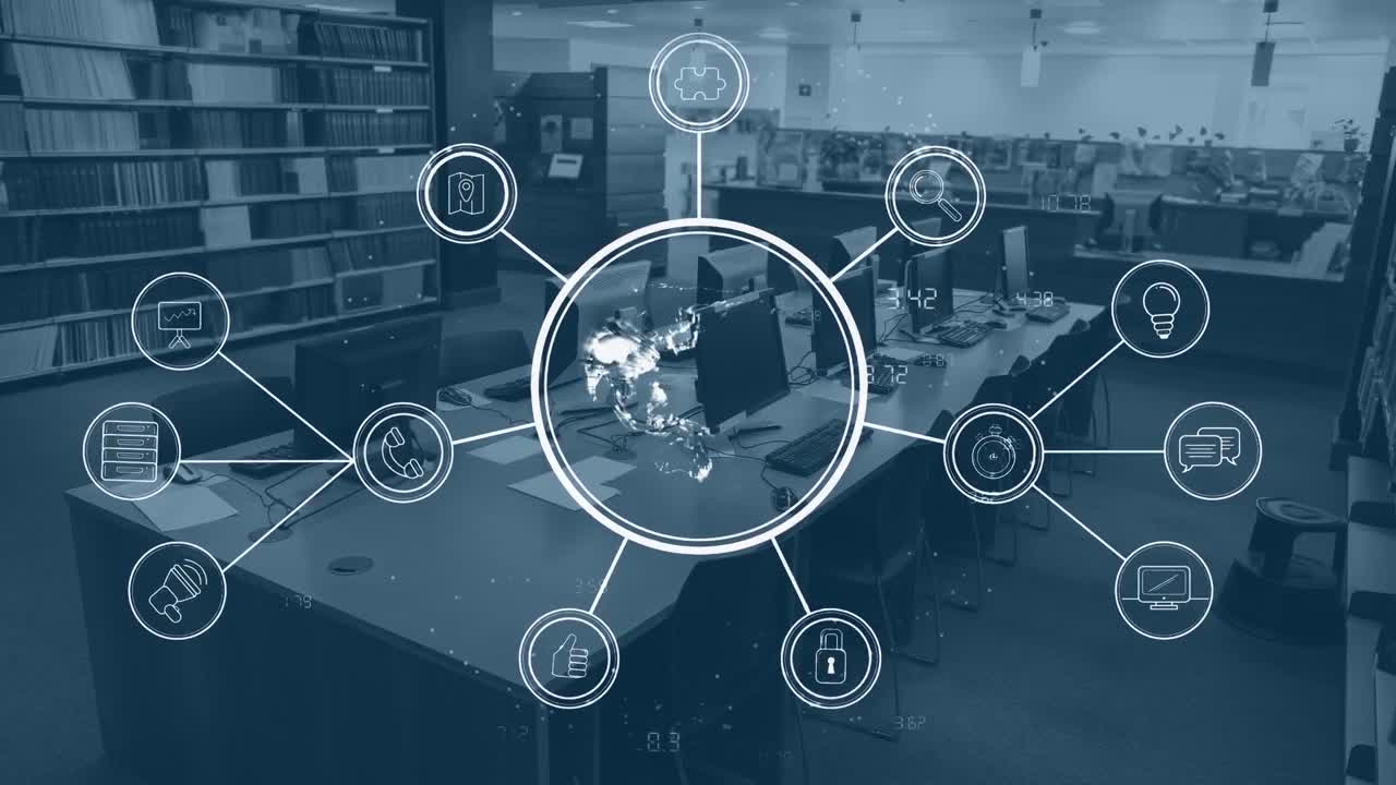 Animation of globe with icons over office