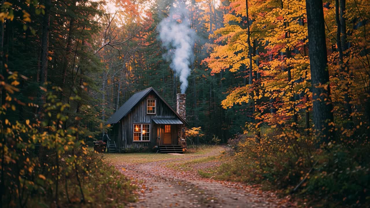 A Cozy Cabin in the Woods Surrounded by Vibrant Autumn Foliage and Gentle Smoke Rising from the Chimney, Perfectly Capturing the Essence of a Tranquil Fall Day