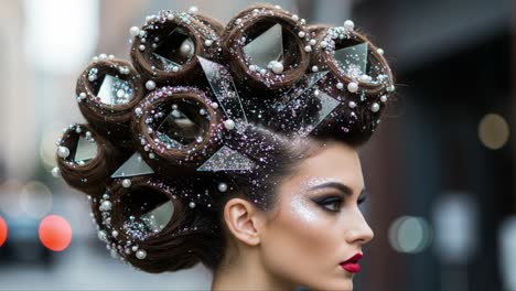 stunning hair artistry featuring a remarkable hairstyle embellished with decorative accessories and exquisite details captured in vibrant urban background