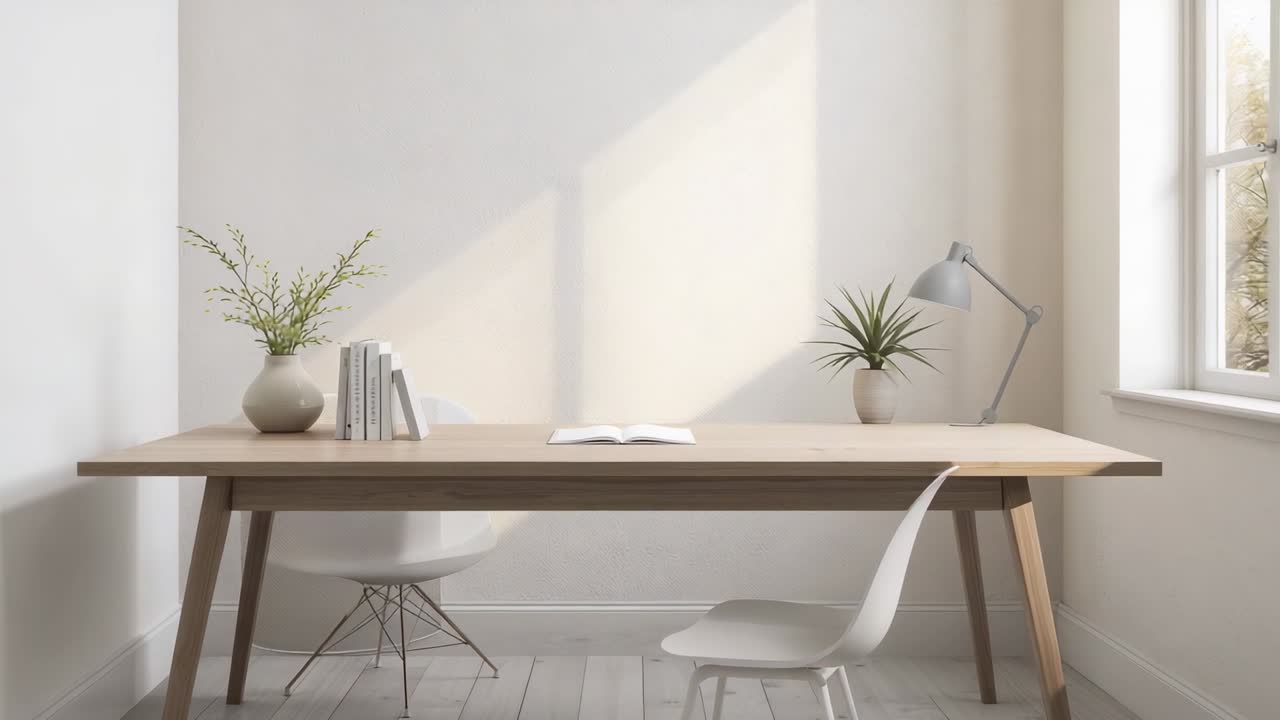 Inquadratura scorrevole che mostra una scrivania di legno con un libro aperto in una luminosa stanza studio, con la luce del sole che cambia
