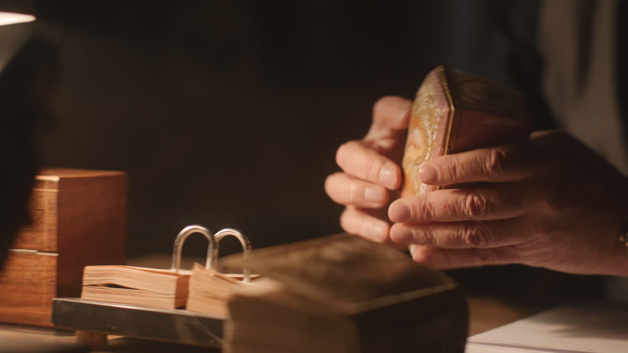 Older passionate man evaluates an old porcelain box