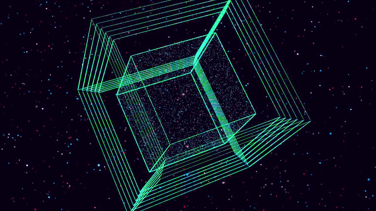 Abstract glow particles form 3d object in space. Cubes. Vj loop as bg of virtual digital space. Particles form holoram shape as concept of big data, network or vr space. Sci-fi motion design bg