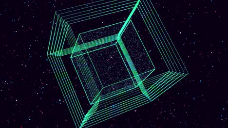 las partículas de brillo abstractas forman objetos 3d en el espacio. cubos. bucle vj como bg del espacio digital virtual. partículas forman forma holoram como concepto de big data, red o espacio vr. diseño de movimiento de ciencia ficción bg