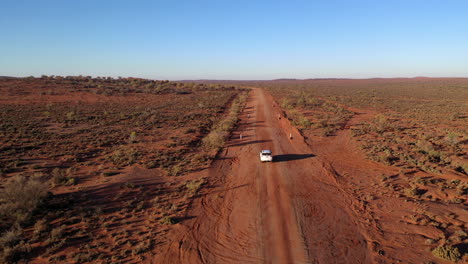 aerial: drone shot closely following a white vehicle as it drives along a dusty red outback road, near broken hill, australia