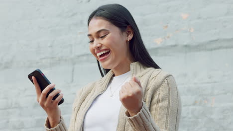 wow, celebration and woman is winner in a phone