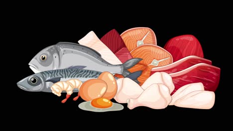 Looping animation of assorted raw meats, fish, shrimp, and eggs arranged in a seamless grid pattern on a solid black background, flat vector style