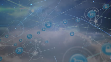 animation of network of connections with people icons over and sky and clouds
