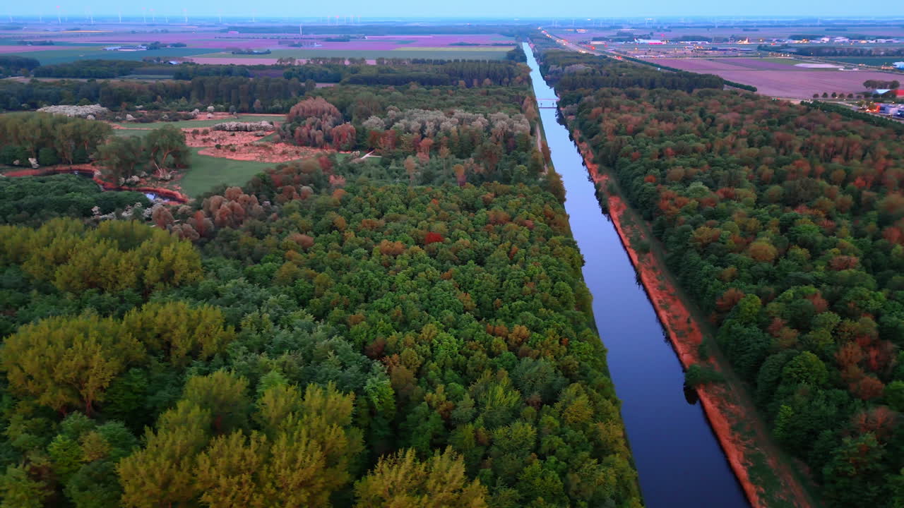 Nature and waterways in the Netherlands. Aerial view of dense green forest alongside a calm canal at twilight, showcasing natural beauty in the Netherlands