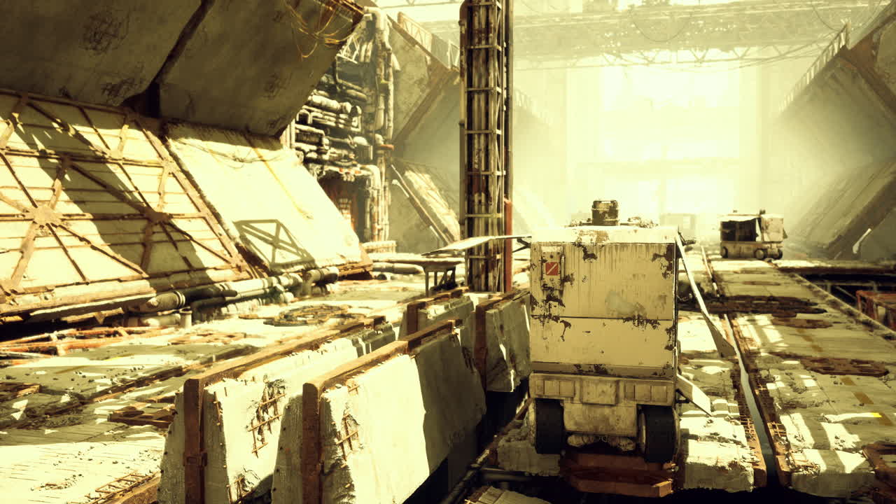 Industrial site with heavy machinery in golden afternoon light