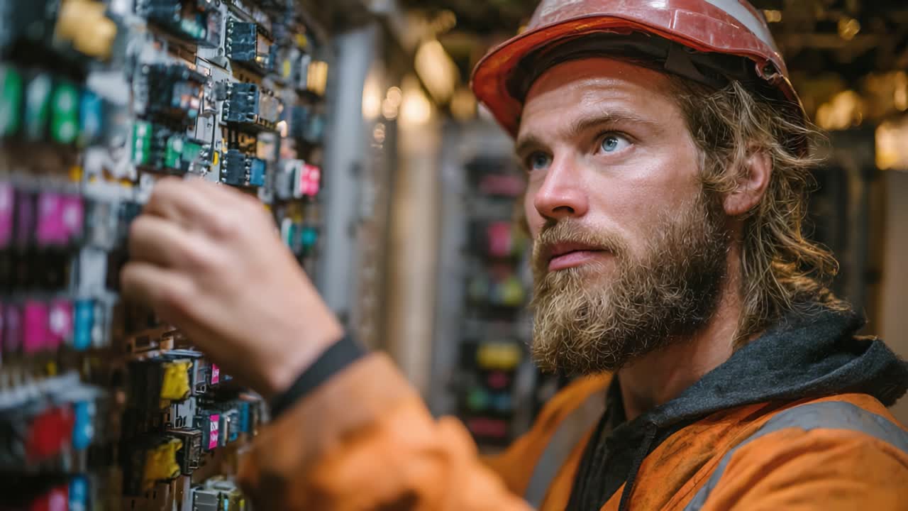 A Focused Technician Analyzing Electrical Circuit Panels with Precision and Expertise in an Industrial Environment, Ensuring Safety and Efficiency in Operation