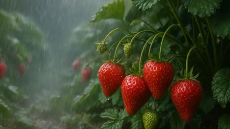 bright red strawberries hang from lush green plants while gentle rain falls around them, creating a refreshing atmosphere at a country farm. the droplets bead up on the smooth surface of the ripe fruit, highlighting their freshness. nearby, green unripe strawberries add contrast to the scene. the lu