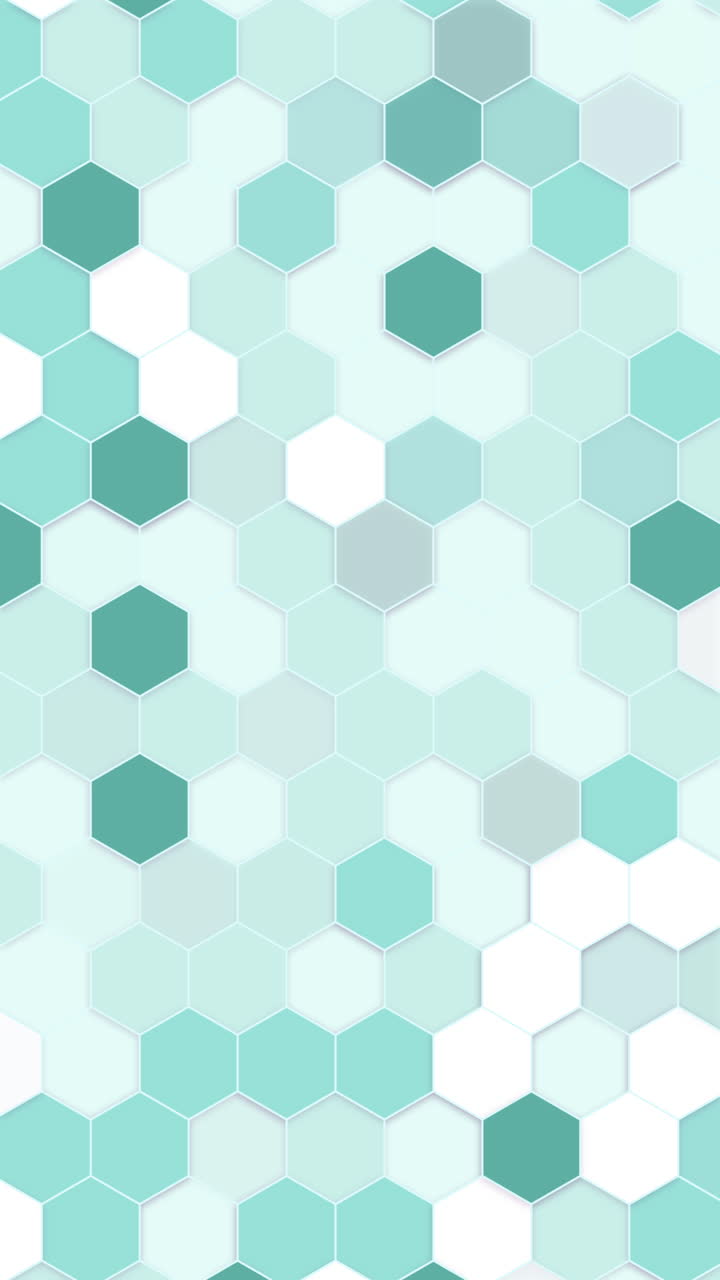 Hexagon grid green background. Geometric shapes of varied style and color. Honeycomb cells. Loop animation. Vertical video.