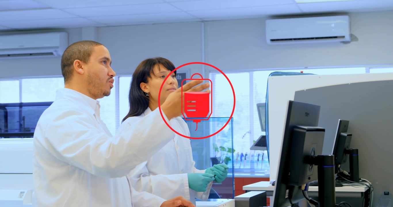 Animazione di un'icona sopra diversi scienziati in laboratorio.