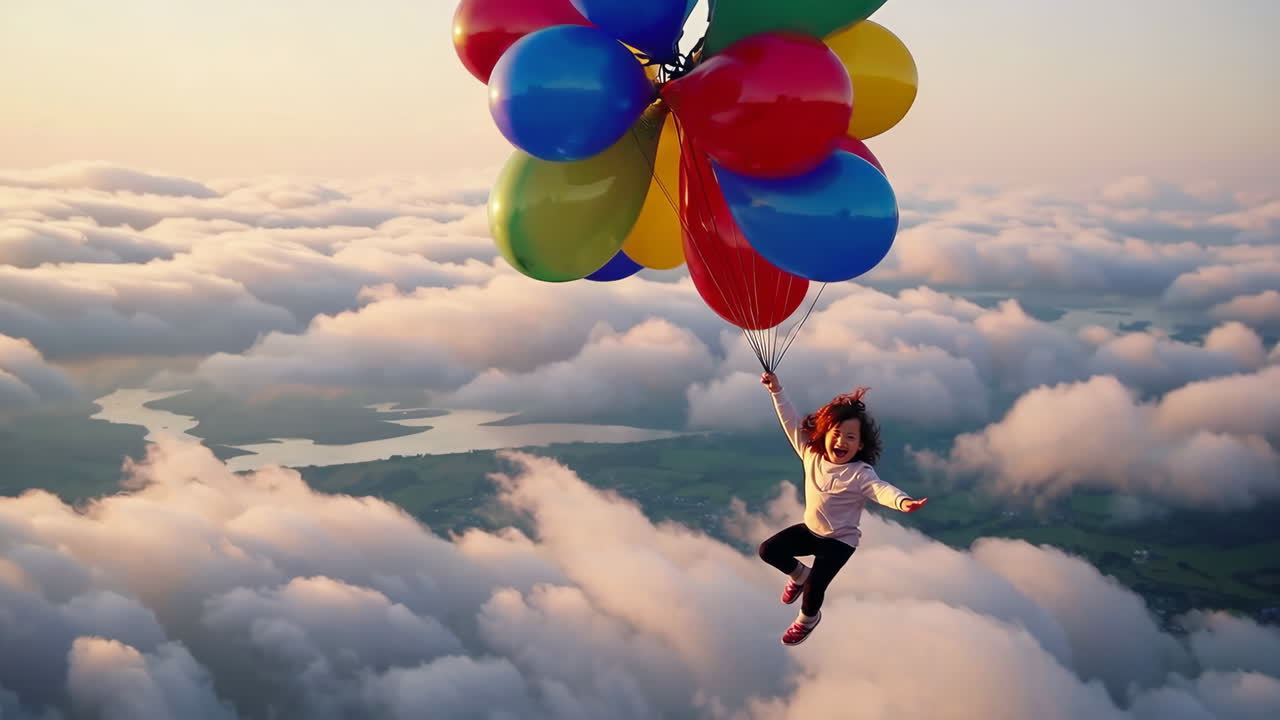 ребенок, летящий над облаками с красочными воздушными шарами