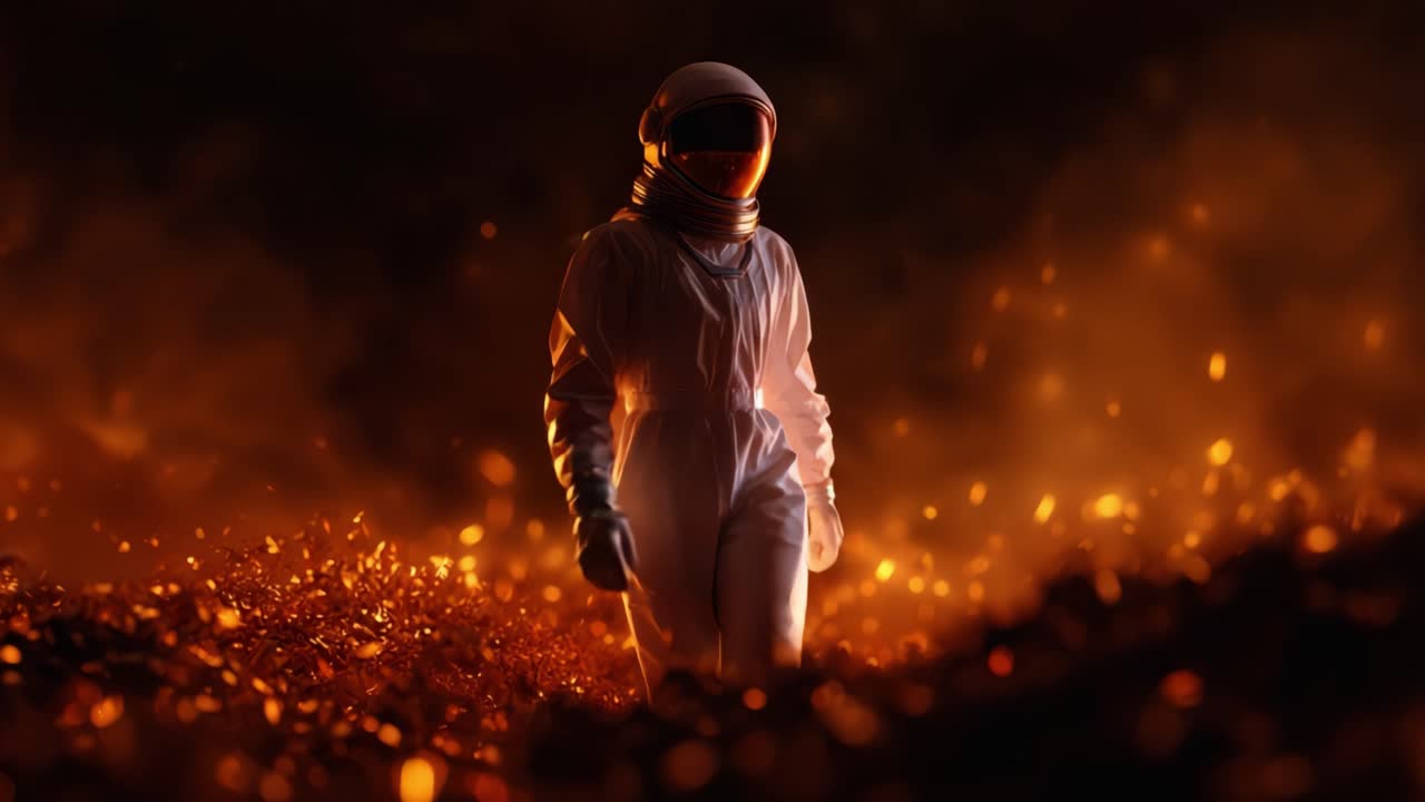 Astronaut prozkoumává třpytivou krajinu žhnoucích uhlíků, obklopený vířícím kouřem a živými barvami, což vytváří surrealistickou atmosféru nadpozemského objevu.