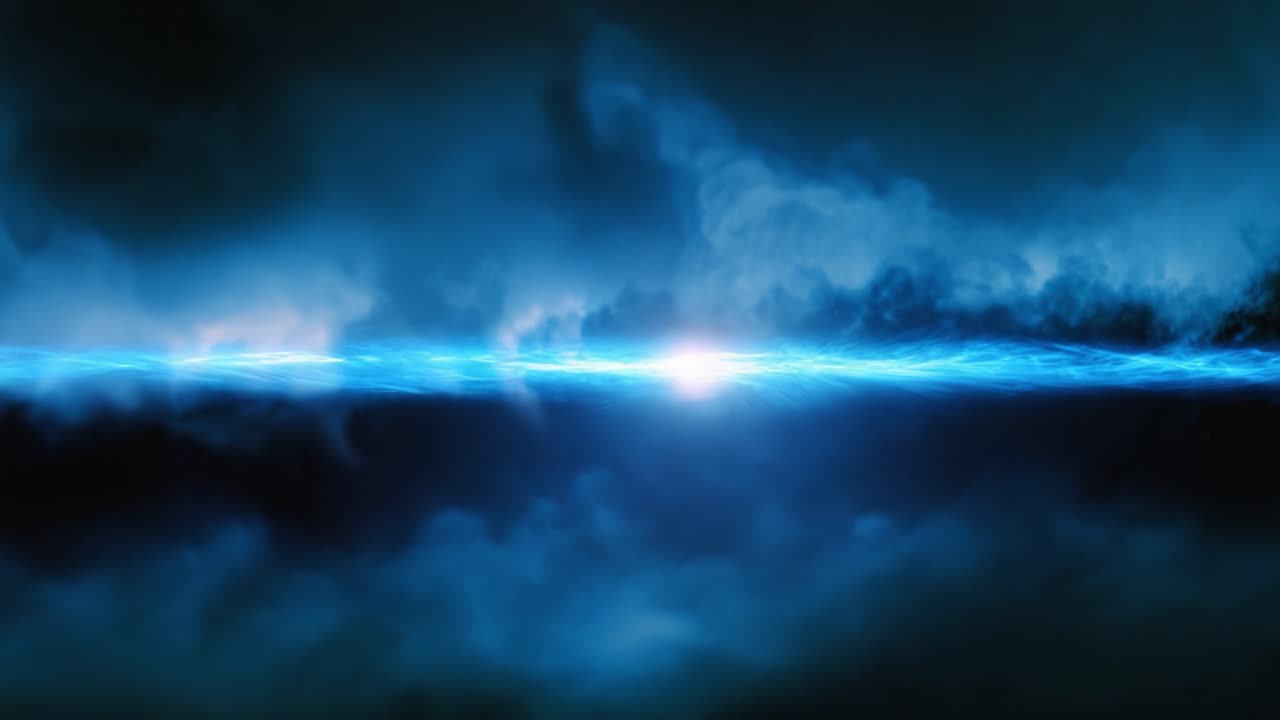 A captivating cinematic depiction of an ethereal blue light emerging from the darkness, surrounded by swirling clouds, creating a visually stunning contrast in a surreal environment