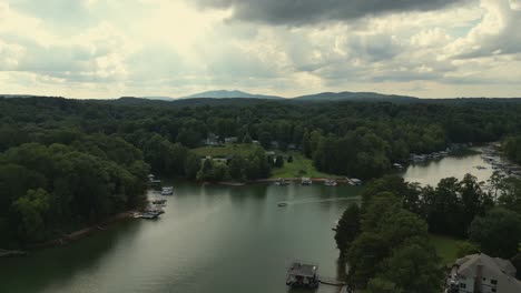 aerial view of lake lanier and hills in the background