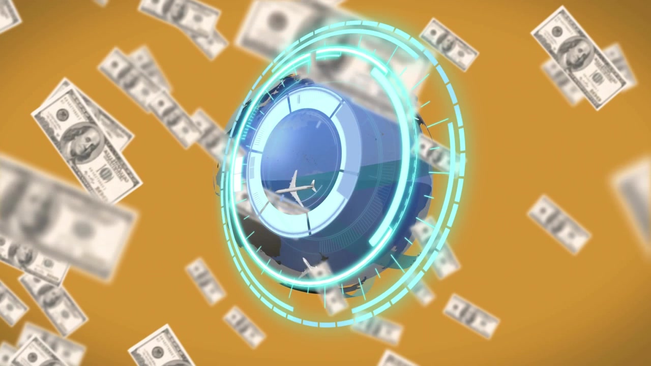 Animazione di uno scanner che scansiona banconote da un dollaro e un globo su sfondo arancione