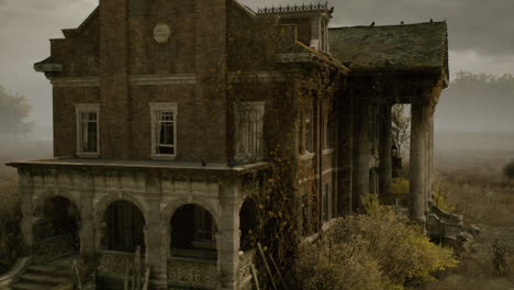 eerie abandoned mansion overgrown with vines in a foggy landscape