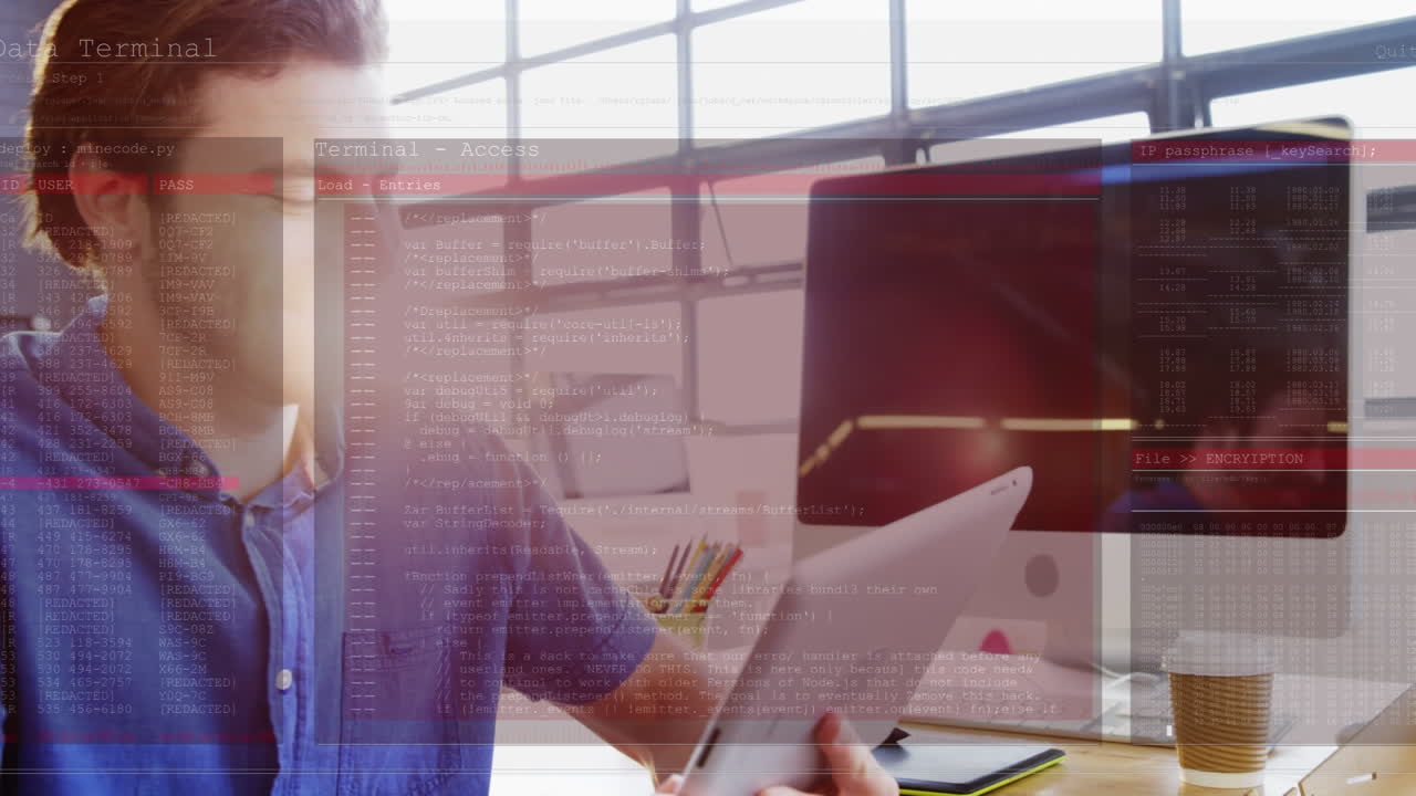 animación del procesamiento de datos sobre un hombre de negocios caucásico que usa una tableta