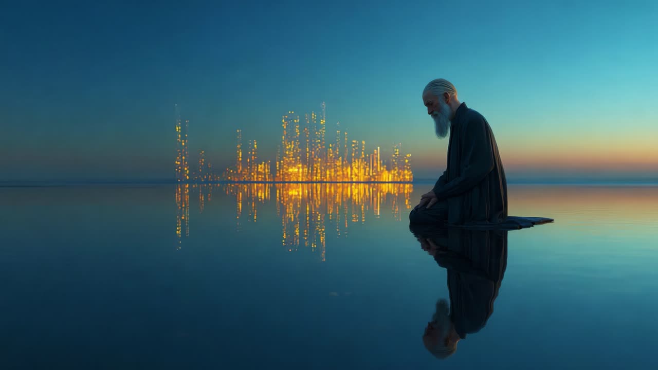A contemplative figure sits by a tranquil body of water at dusk, surrounded by ethereal glowing structures that reflect in the stillness, creating a serene and thought-provoking atmosphere