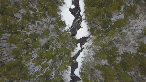 drone flying above snowy river in winter