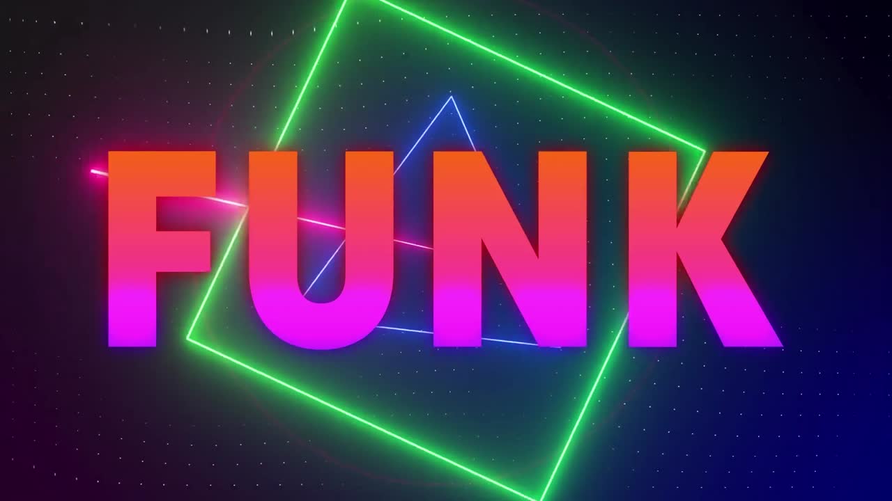 Animations of funk text and geometrical shapes on dark background