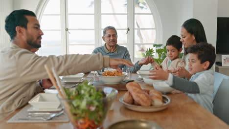 food, dinner or big family holding hands praying