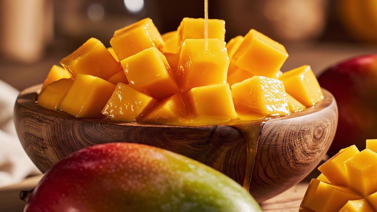 Świeże kostki mango w drewnianej misce z lejącym się sokiem