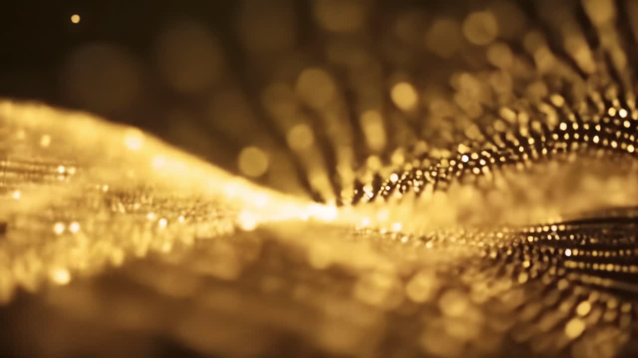 A mesmerizing display of golden waves flows gracefully in darkness, creating an enchanting atmosphere filled with sparkles and light reflections. This captivating visual invites deep contemplation.