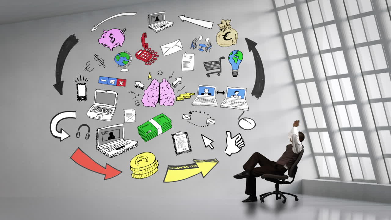 아이디어를 가진 애니메이션 뇌 에 앉아있는 사업가