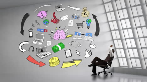 businessman sitting next to animated brain having ideas