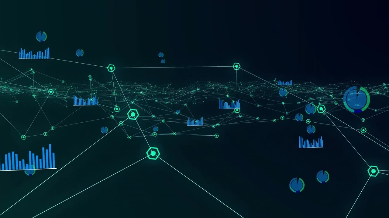 Animation of network of connections and data processing on black background