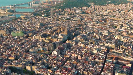 aerial view of barcelona skyline with barcelona cathedral and gothic quarter at sunrise