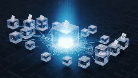 a visual exploration of digital connectivity and data processing in a networked environment represented by 3d blocks and data streams