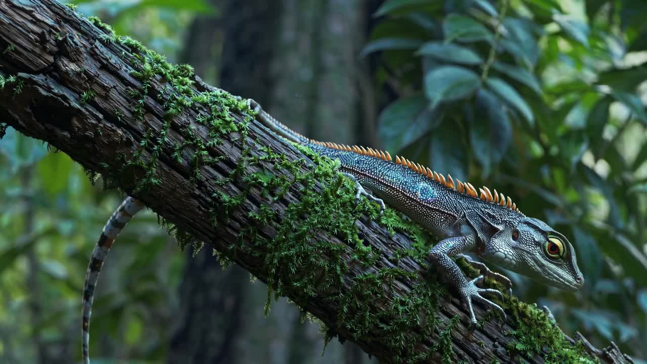 Colorful Lizard on a Tree Branch in a Lush Forest