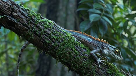 colorful lizard on a tree branch in a lush forest