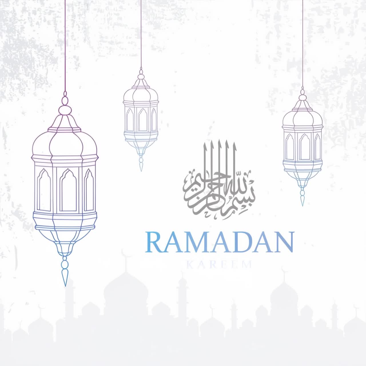 Animazione Ramadan Kareem con lanterne pendenti, calligrafia araba, silhouette di moschea su sfondo bianco.