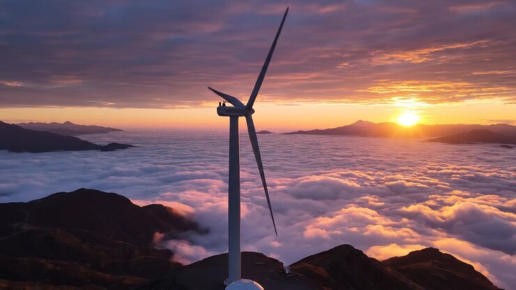Windkraftanlage über einem Wolkenmeer während eines goldenen Sonnenuntergangs.