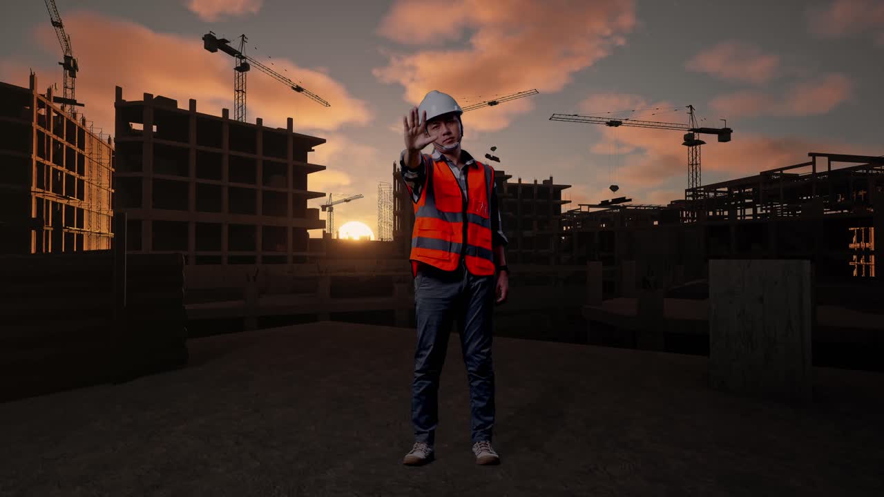 Full Body Of Asian Male Engineer With Safety Helmet Disapproving With No Hand Sign While Standing At Building & Construction Site in Progress to New House
