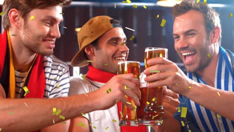 animación de confeti sobre amigos haciendo sonar vasos de cerveza y celebrando