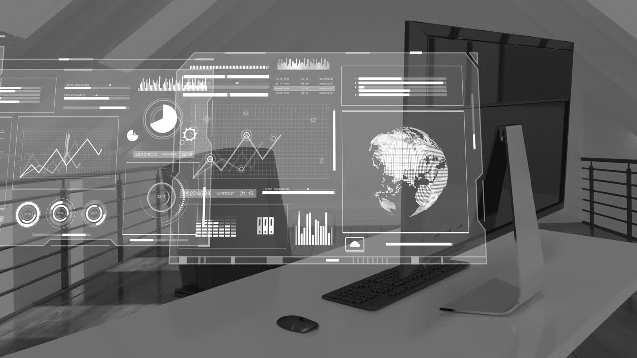 Animation of graphs, loading circles and globes over unoccupied chair and desktop in office