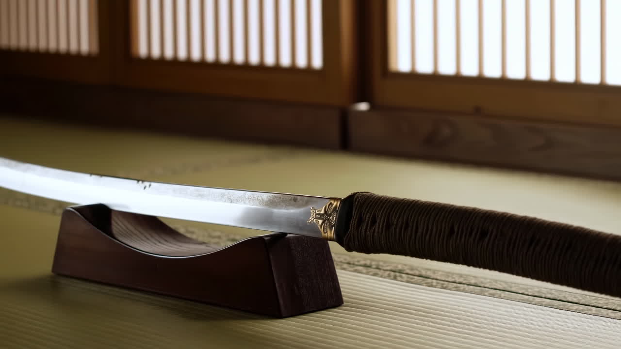 Čepel katany položená na dřevěném stojanu, orámovaná tatami shoji zástěnami. Měkké, teplé přírodní světlo.