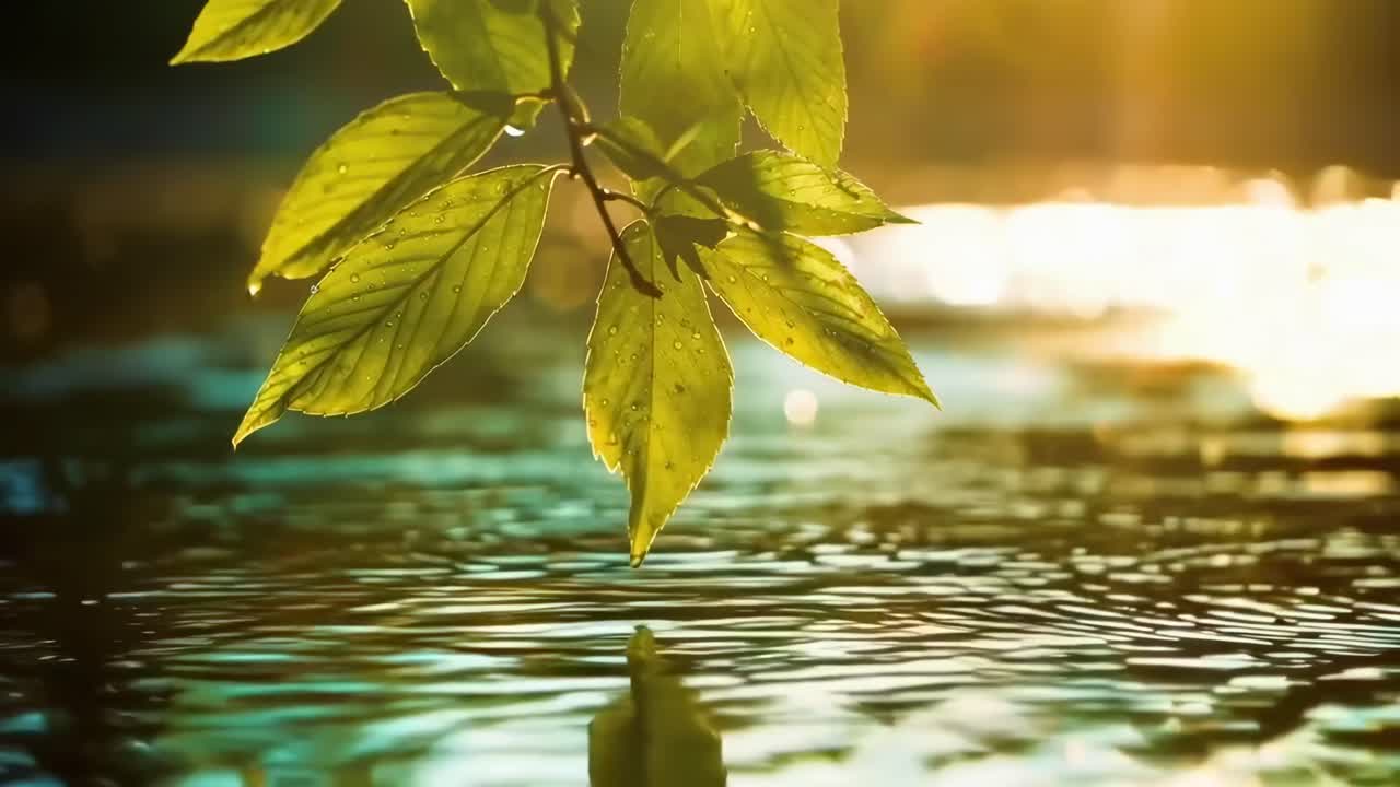 Primo piano, video sereno di foglie illuminate dal sole sull'acqua increspata, ripreso dal basso.