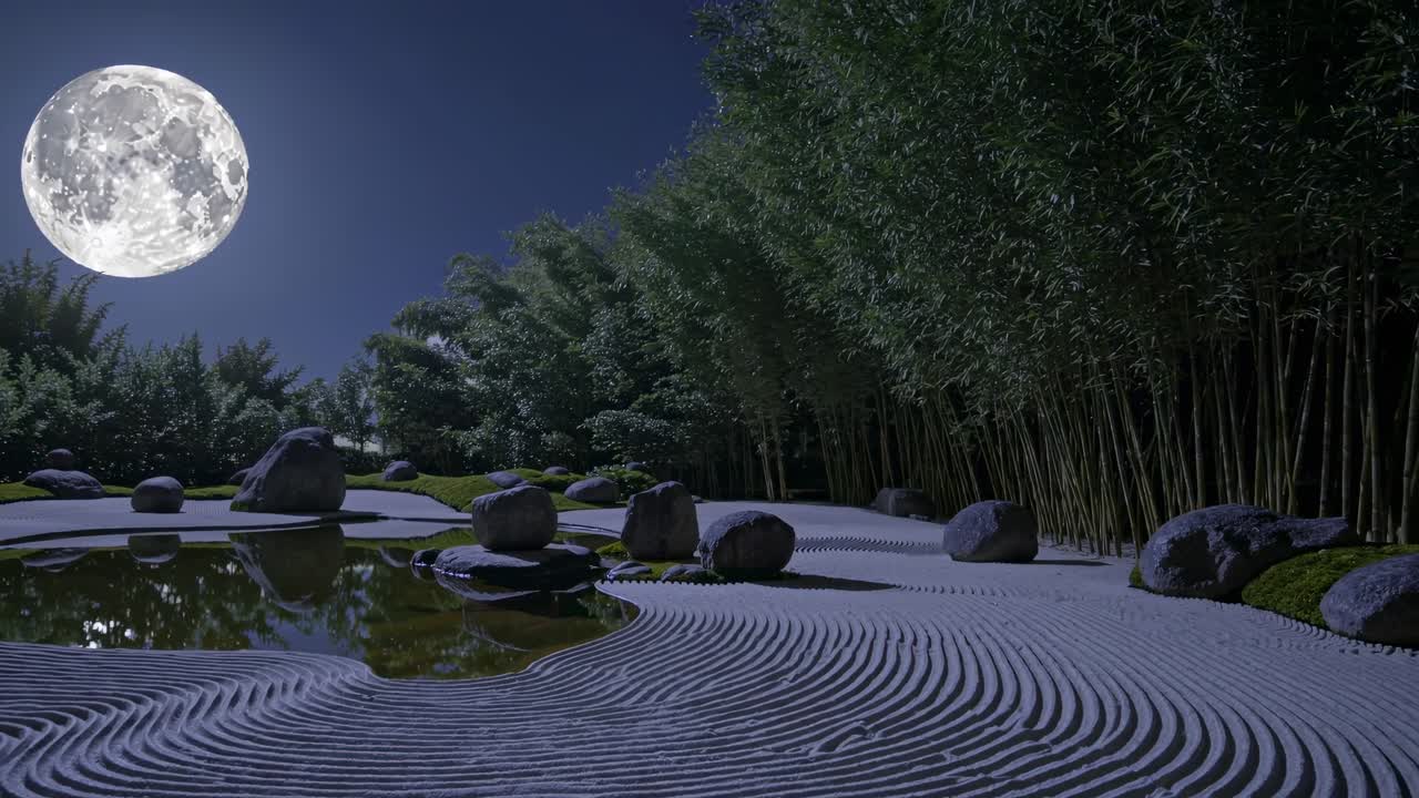 luna llena sobre un jardín zen japonés por la noche