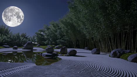 volle maan over een japanse zen tuin's nachts