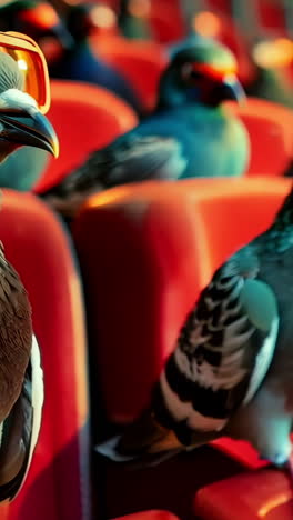 pigeons sitting in stadium seats wearing sunglasses during event. pigeons relax on red stadium seats, some adorned with colorful sunglasses, creating a quirky atmosphere at a lively event. vertical video
